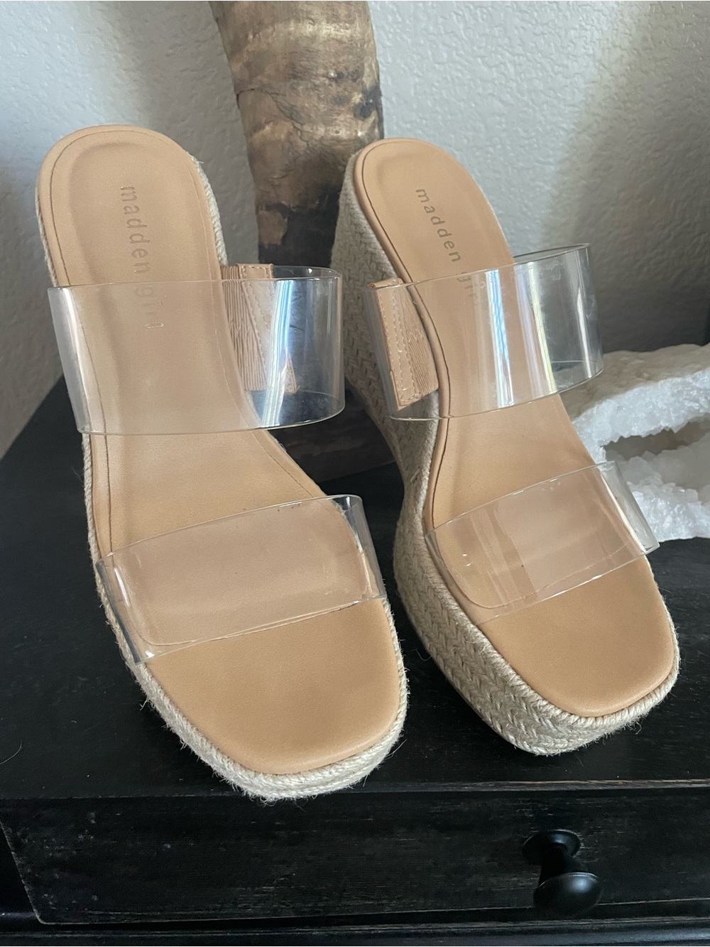 Madden Girl Clear Double-Strap Espadrille Wedge Sandals - Beige/Tan